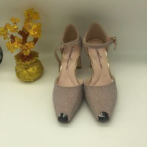 Eastanna Square Toe Rhinestone Chunky Heels Ankle Strap Pumps